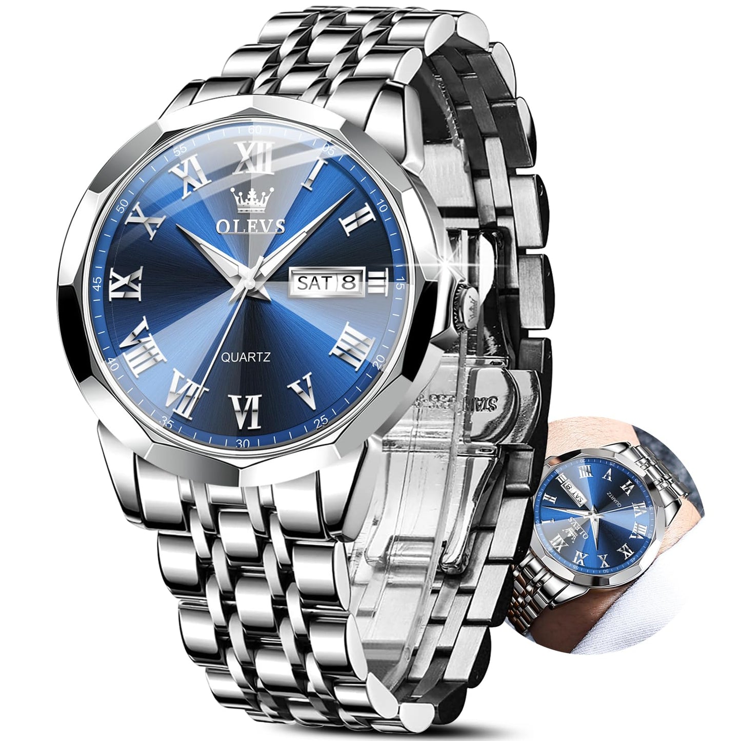 OLEVS Silver Watch Men Blue Face Stainless Steel Big Face Silver Wrist Watches for Men Waterproof Analog Classic Men's Watch with Day Date Mens Dress Watches Fashion Reloj De Hombre Easy to Read