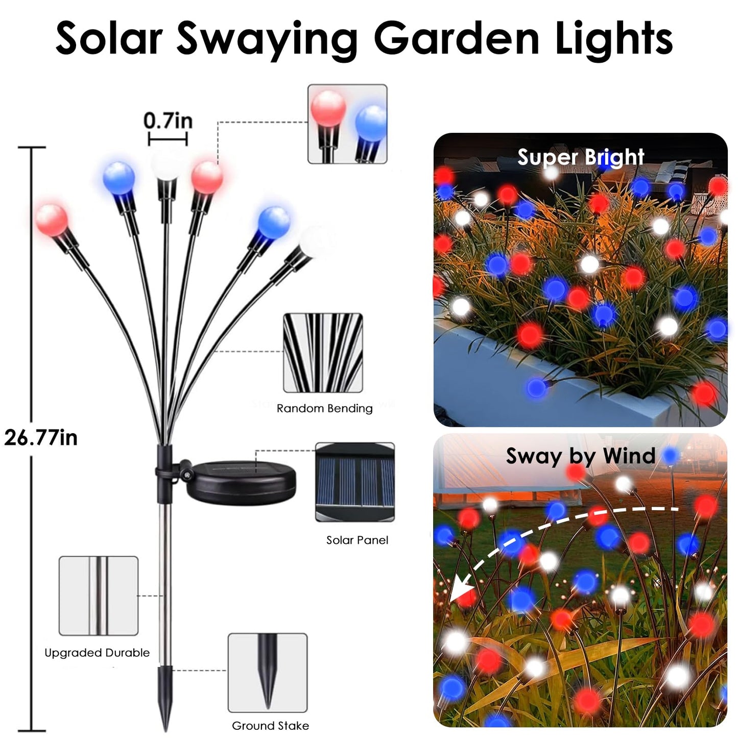 8-Pack Solar Garden Lights,48 LED Firefly Solar Lights for Outside, 4th of July Decorations Waterproof Swaying Solar Powered Yard Lights for Independence Day Path Garden Yard Decor(Red White and Blue)