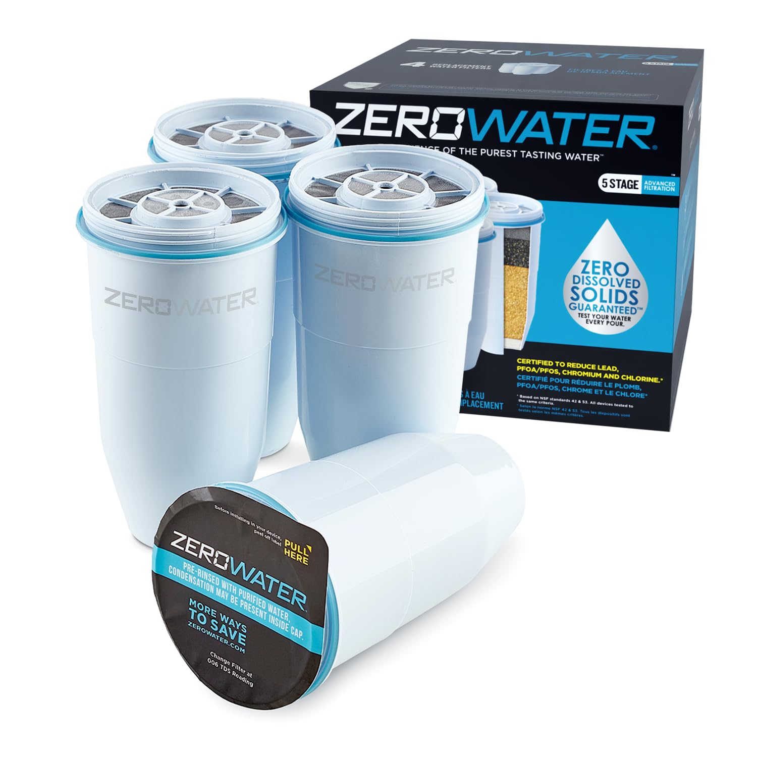 ZeroWater Official Replacement Filter - 5-Stage 0 TDS Filter Replacement - System IAPMO Certified to Reduce Lead, Chromium, and PFOA/PFOS, 4-Pack