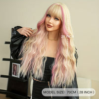 Highlight Long Curly Wavy Wig With Bangs Synthetic Wig Beginners Friendly Heat Resistant Elegant For Daily Use Wigs For Women