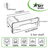 AMT 2 Tier 5.5 Inch High AMT Clear Acrylic Monitor Stand Riser Clear Computer with Cat Keyboard Protector, Space-Saving Design, Extra Storage, Clear Shelf - Ideal for Monitors, Laptops, Printers,