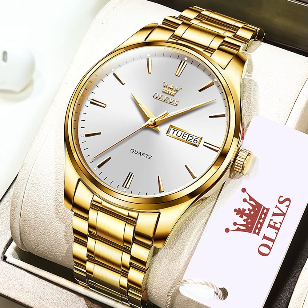 Gold Steel Watches for Men,Date Day Man Watch,Gold Men Watch White,Gold Waterproof Watch Men,Dress Watch for Men,Fashion Gold Wrist Watch for Men,Men Watches Luxury,Luminous Male Watch,OLEVS Watch Men