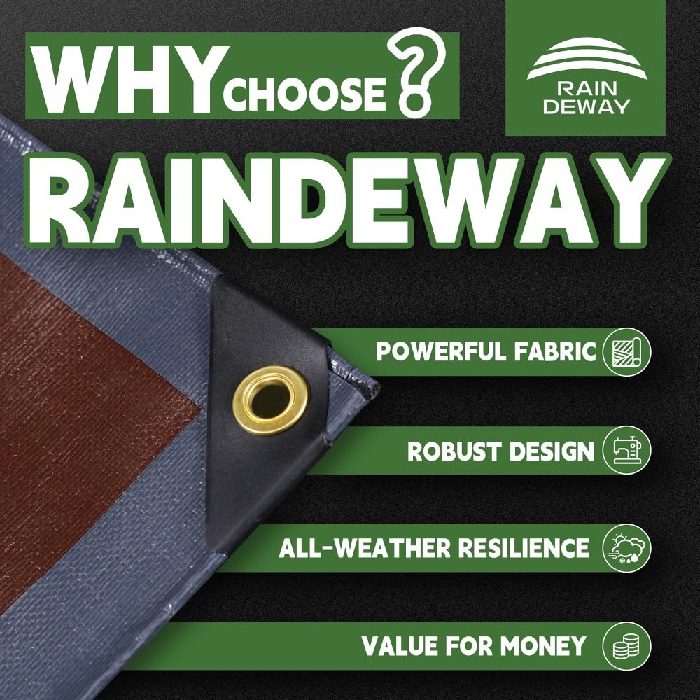 RAINDEWAY 20x30 Feet Super Heavy Duty Tarp 18 Mil, UV Resistant, Weatherproof, Multipurpose Waterproof Poly Tarp with Grommets and Reinforced Edges, Brown/Gray Tarp