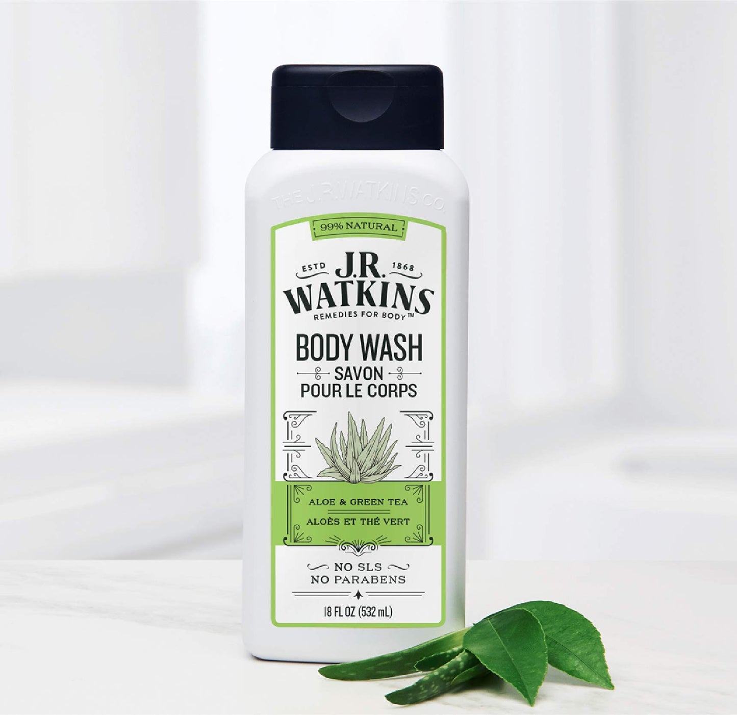 JR Watkins Natural Daily Moisturizing Body Wash, Aloe and Green Tea, 6 Pack, Hydrating Shower Gel for Men and Women, Free of SLS, USA Made and Cruelty Free, 18 fl oz