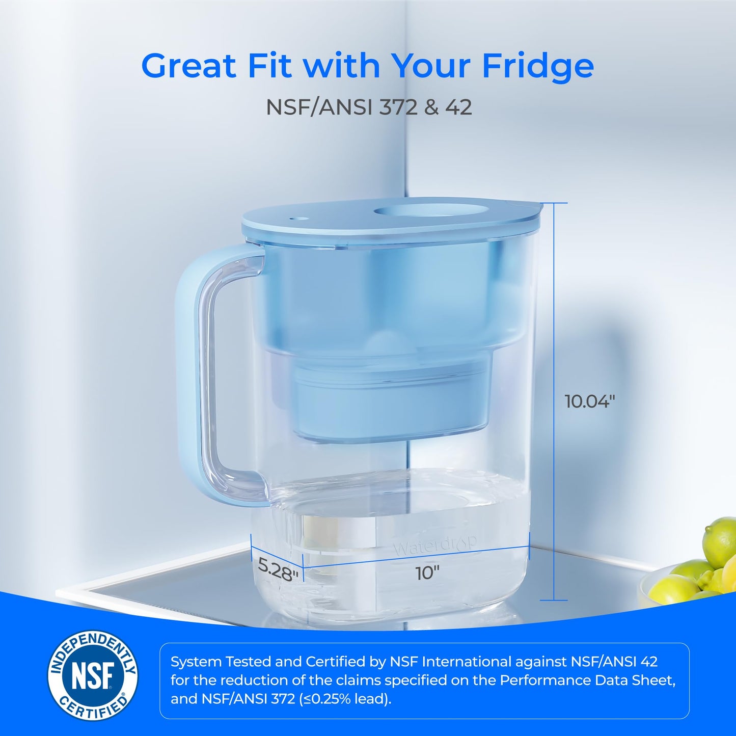 Waterdrop 200-Gallon Long-Life Lucid 10-Cup Water Filter Pitcher, NSF Certified, 5X Times Lifetime, Reduces PFAS, PFOA/PFOS, Chlorine, BPA Free, Blue