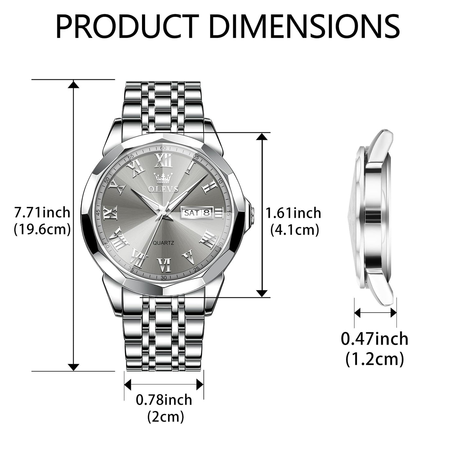 OLEVS Mens Watches Grey Watch for Men Silver Watches Luxury Men Stainless Steel Watches Waterproof Analog Quartz Large Dial Mens Wrist Watches Date Day Dress Reloj de Hombre Roman Numerals
