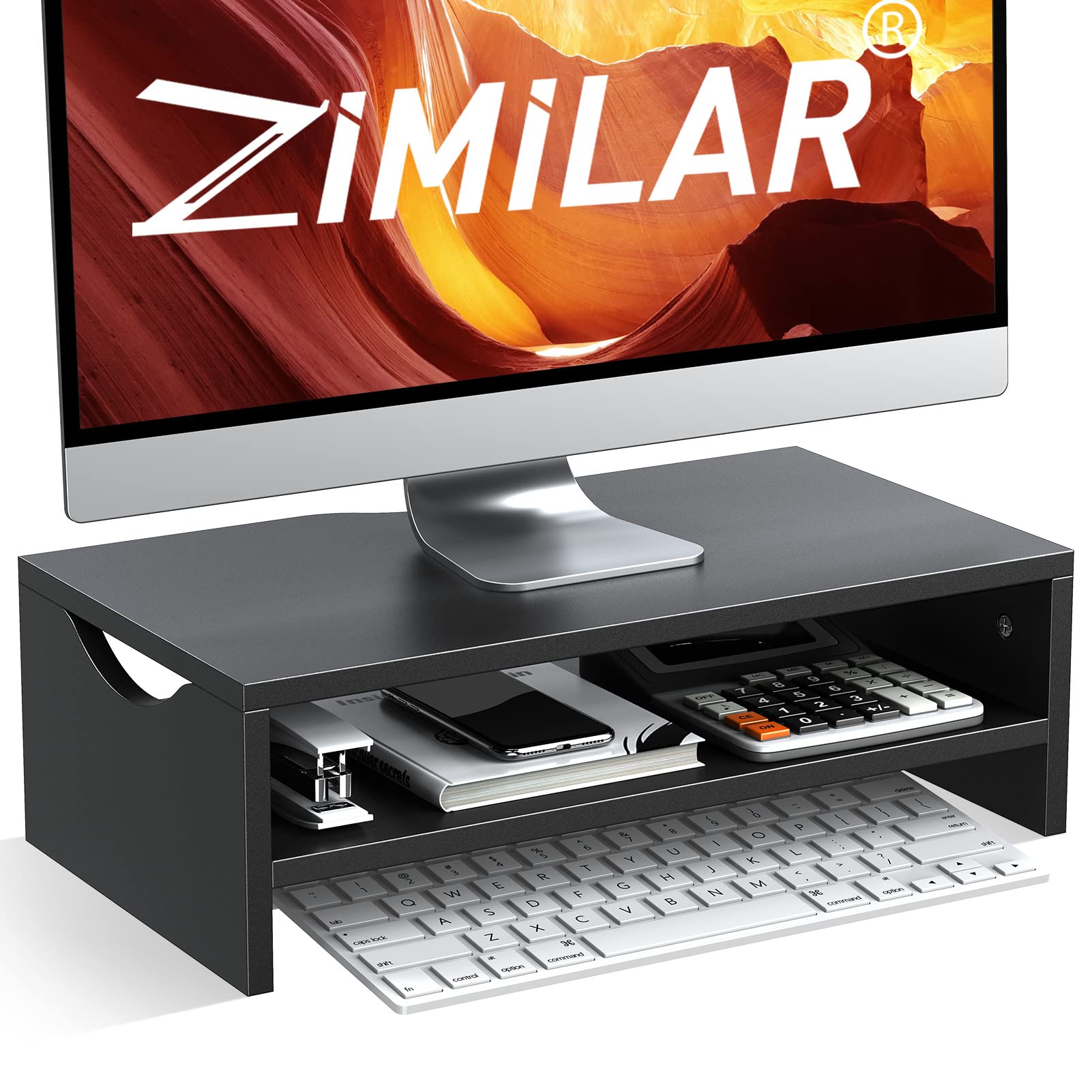 Zimilar Monitor Stand Riser, 2 Tiers Laptop Computer Monitor Riser for PC Screen, iMac, Desktop Wooden Screen Monitor Stand Riser with Storage Organizer for Home Office