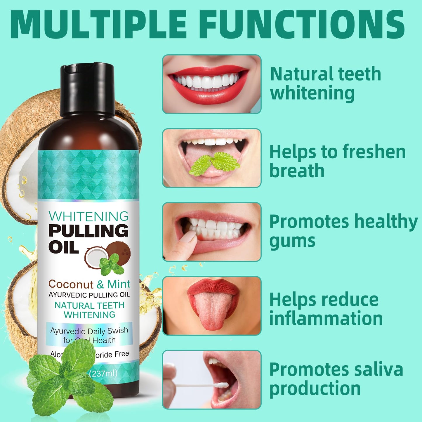 Coconut Oil Pulling for Fresh Breath and Oral Hygiene - Ayurvedic Expert Formulated | Supports Healthy Gums | Natural Teeth Whitening - Includes Tongue Scraper and Measuring Cup - 16 fl. oz