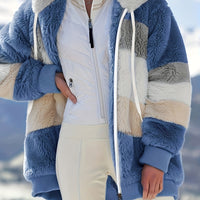 Womens Ultra-Soft Teddy Fleece Color Block Hooded Coat - Stylish Zip Up Winter Warm Outerwear with Full Hood and Long Sleeves - Trendy Casual Clothing for Chilly Days