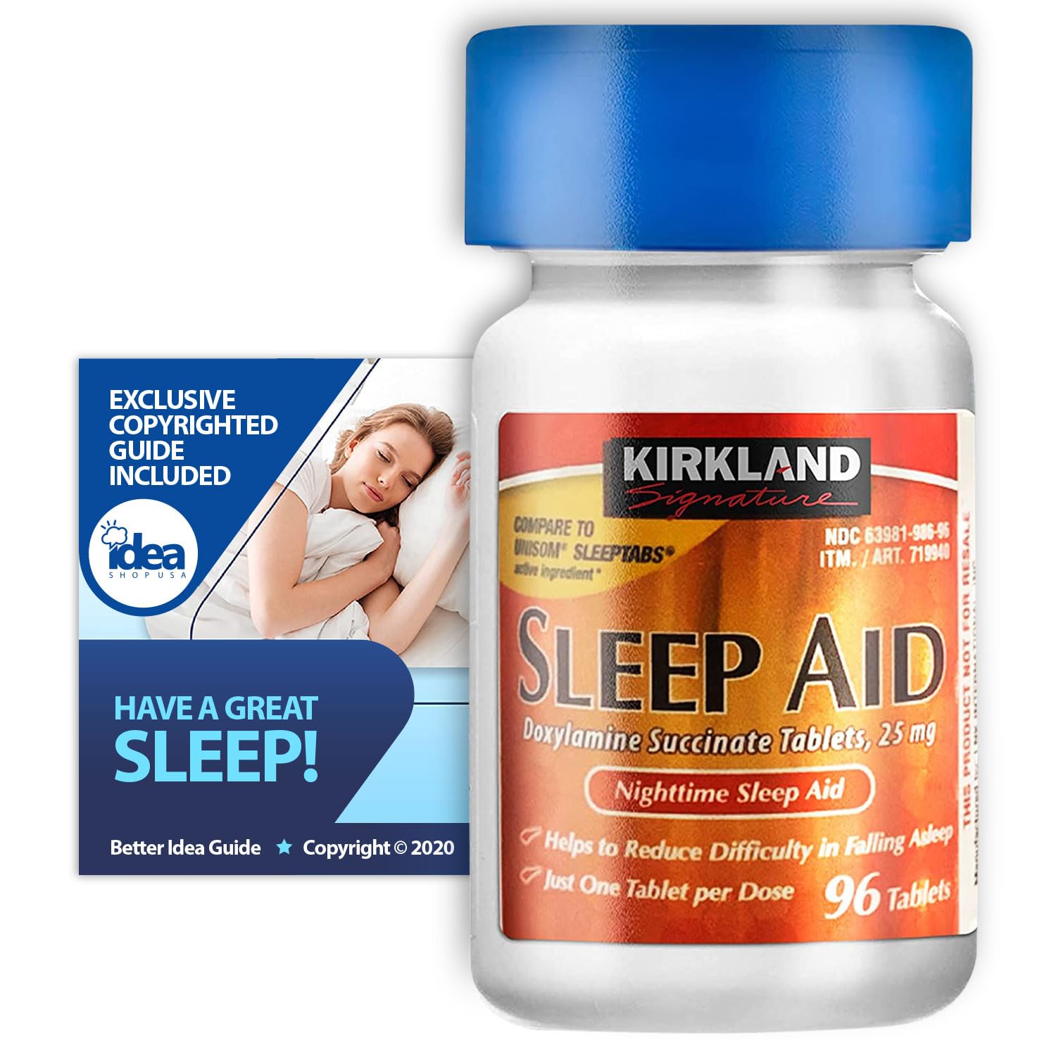 Kirkland Signature - Nighttime Sleep Aid, 25 mg, 96 Ct Bundle with Exclusive "Have a Great Sleep" - Better Idea Guide (2 Items)