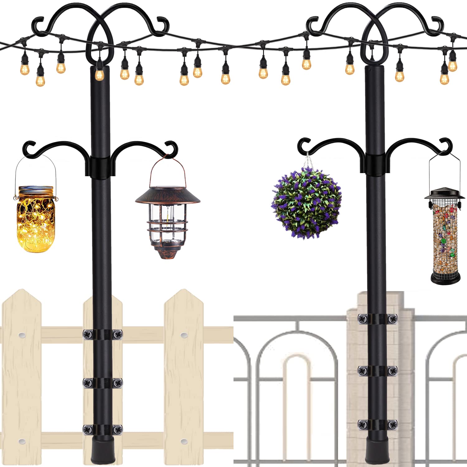 RINLAIN String Light Poles 2 Pack，8.3ft Height Adjustable Metal Stand Pole with Hooks for Hanging String Lights，Garden, Backyard, Patio Lighting Stand for Parties, Wedding (2Pack-Deck Pole, Black)