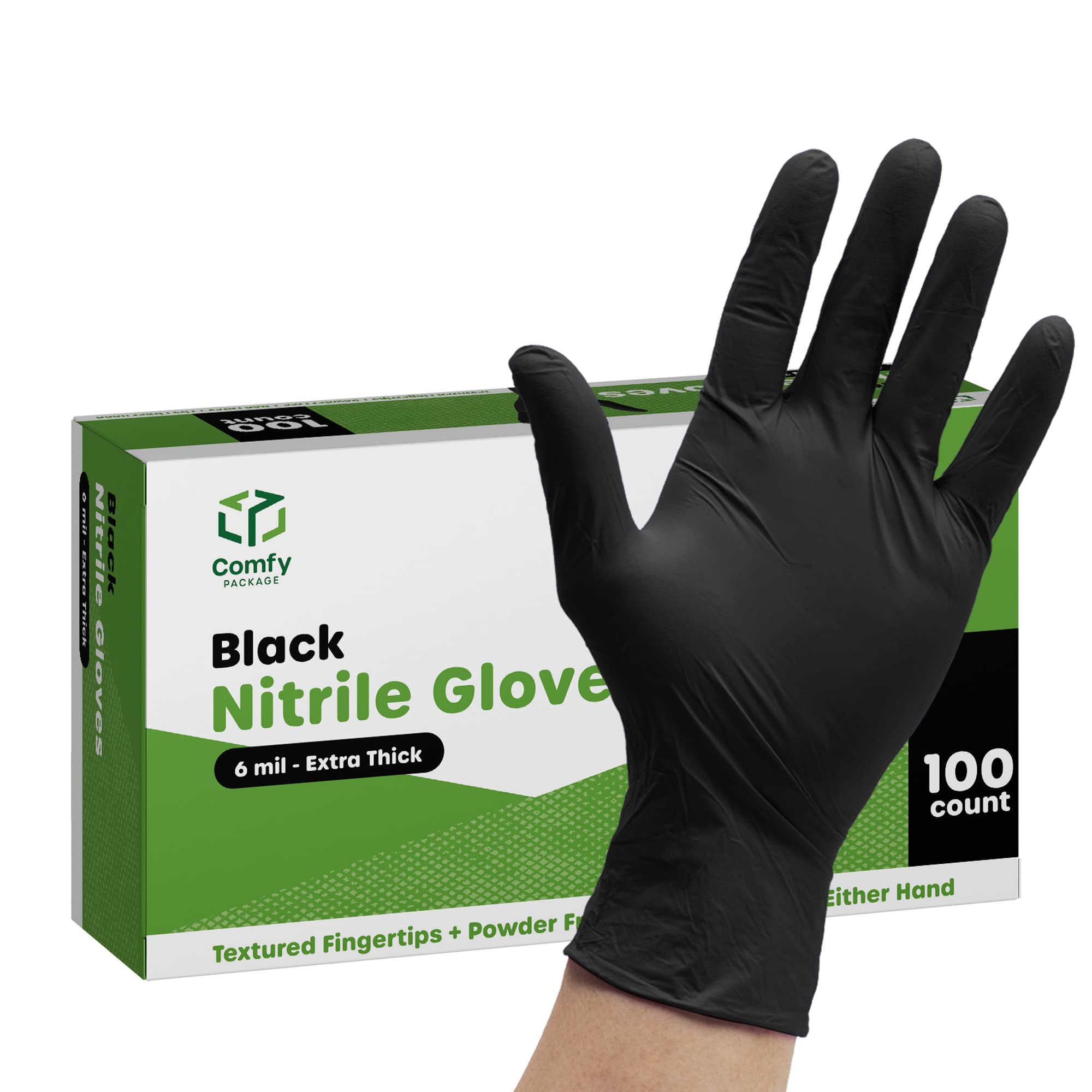 Comfy Package, Black Nitrile Disposable Gloves 6 Mil. Extra Strength Latex & Powder Free, Chemical Resistance, Textured Fingertips Gloves - Medium [100 Count]