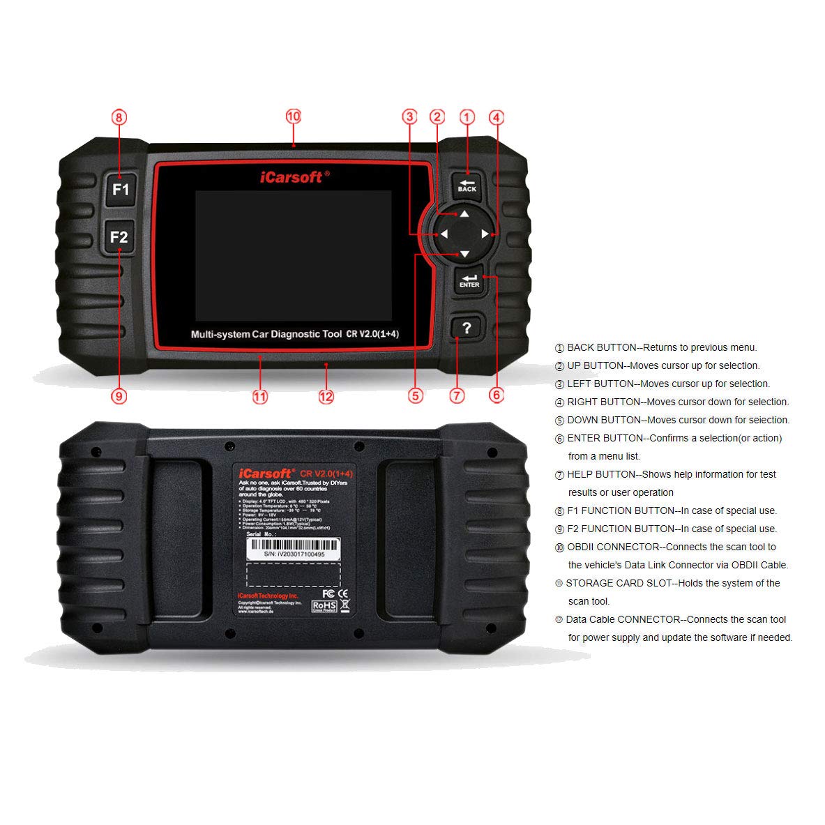 iCarsoft CR V2.0 Diagnostic Scan Tool for Multi-Brand Vehicles (10-19 Vehicle Choices) +Oil Reset +EPB+BMS+DPF+SAS+ETC+BLD+INJ