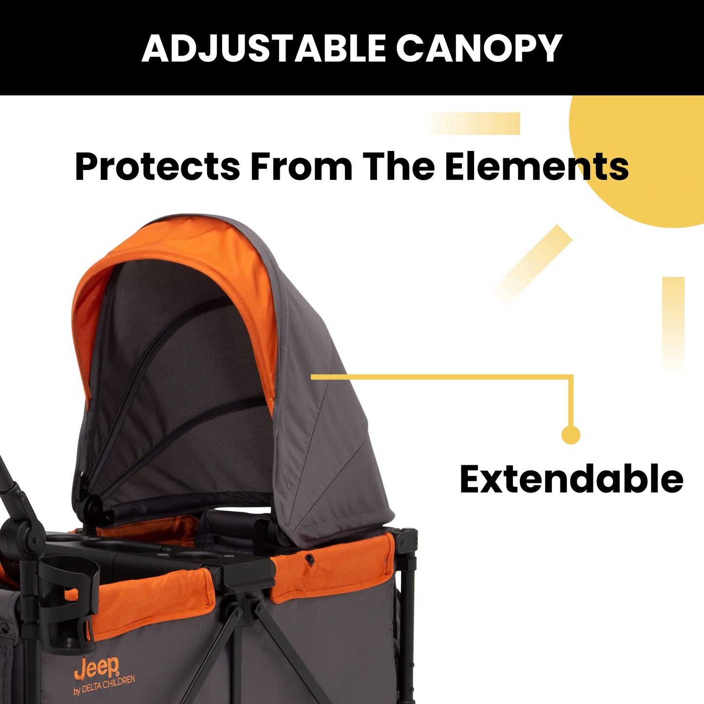 Jeep Sport All-Terrain Stroller Wagon by Delta Children - Includes Canopy, Parent Organizer, Adjustable Handlebar, Snack Tray & Cup Holders, Grey/Bonfire