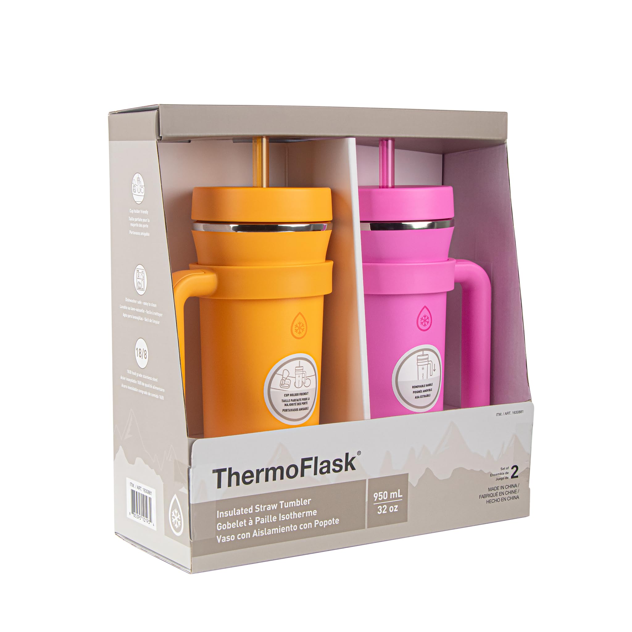 ThermoFlask Premium Quality Double Wall Insulated Stainless Steel Tumbler with Handle and Straw Lid, 32 Ounce, 2-Pack, Honeycomb/Hot Pink