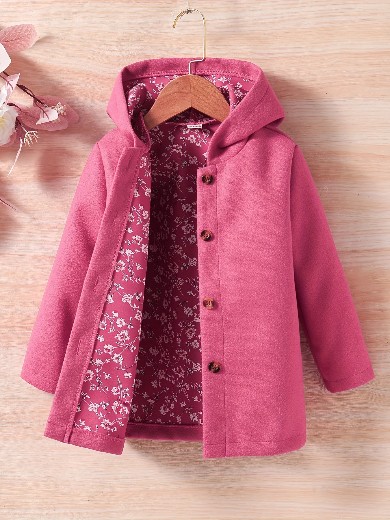 Baby Girls Toddler Girls Casual & Elegant Hooded Coat Floral Print Button Design Hoodies For Autumn And Winter