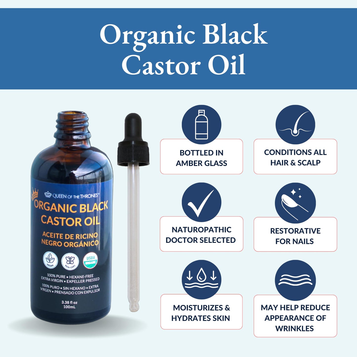 QUEEN OF THE THRONES® Organic Black Castor Oil - 100mL with Dropper| 100% Pure, Certified Organic, Hexane-Free, Extra Virgin | Moisturizing & Conditioning Oil for Skin, Hair & Nails