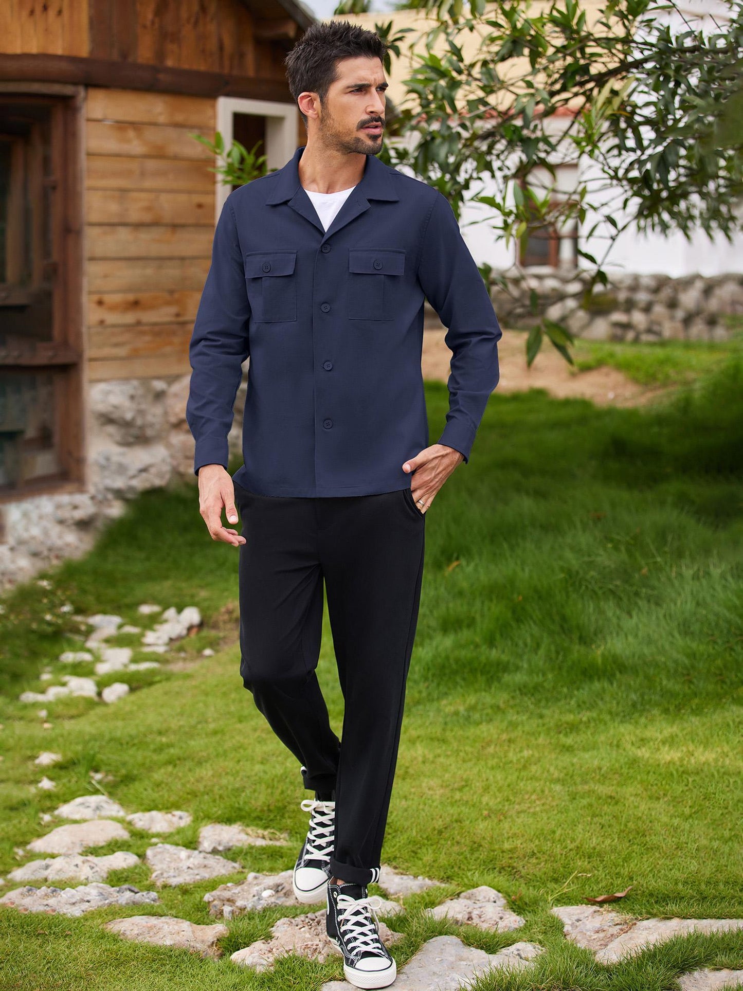 Men's Casual Shirt Jacket Linen Shacket Lightweight Work Coat Button Down Overshirt