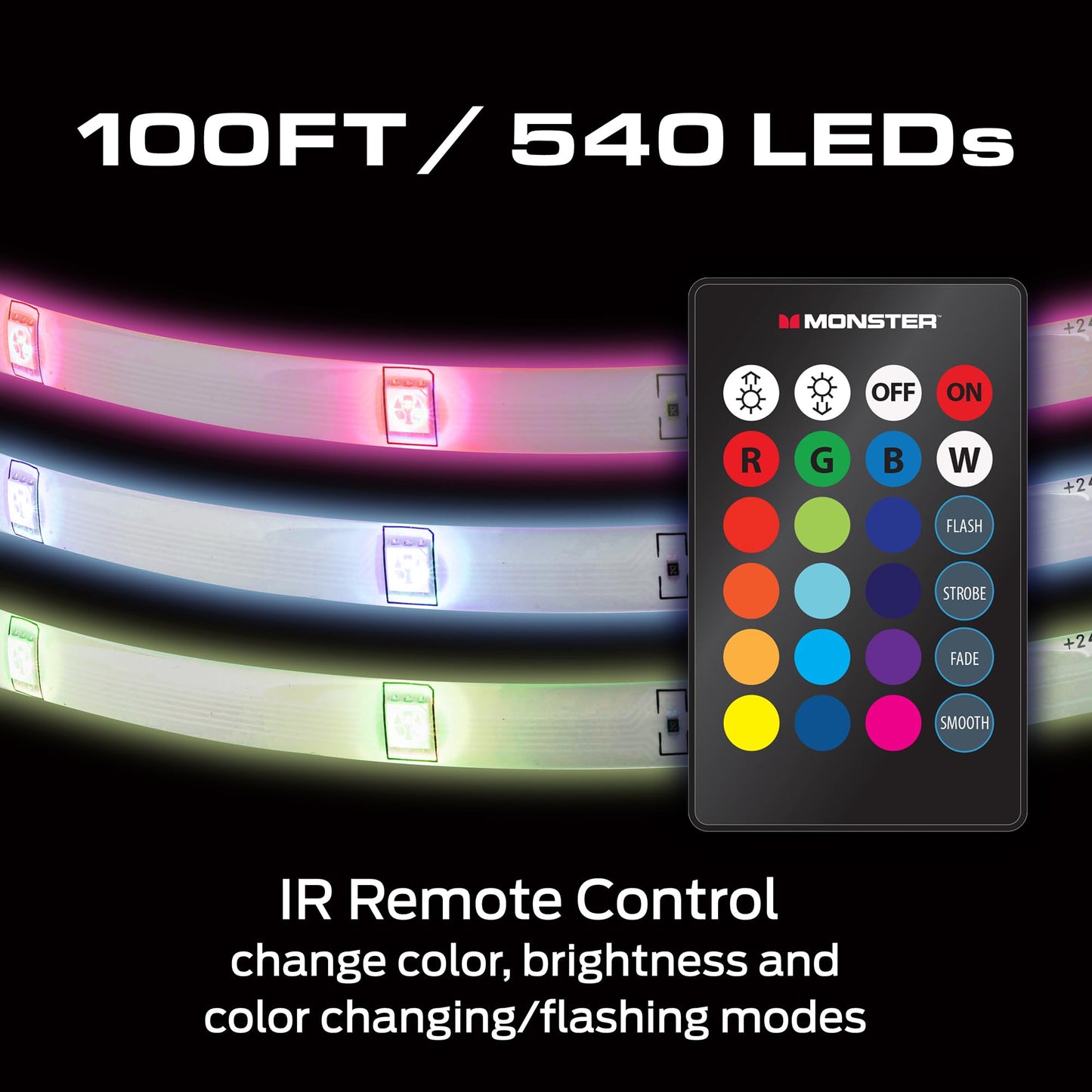 Monster 100ft Multicolor RGB LED Light Strip, Customizable Indoor with Remote Control, Adhesive Backing