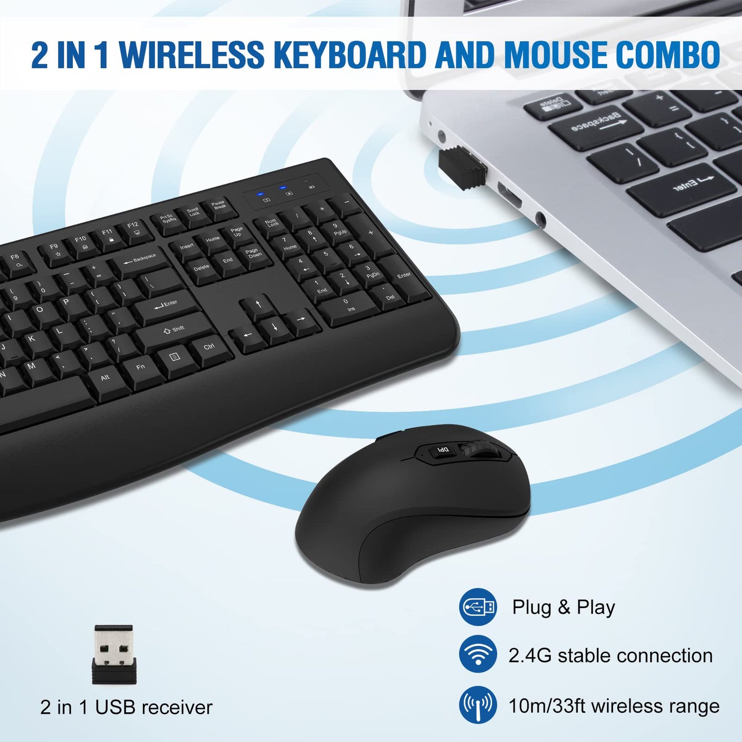 Wireless Keyboard and Mouse Combo, Full-Sized 2.4GHz Wireless Keyboard with Comfortable Palm Rest and Optical Wireless Mouse for Windows, Mac OS PC/Desktops/Computer/Laptops (Black)