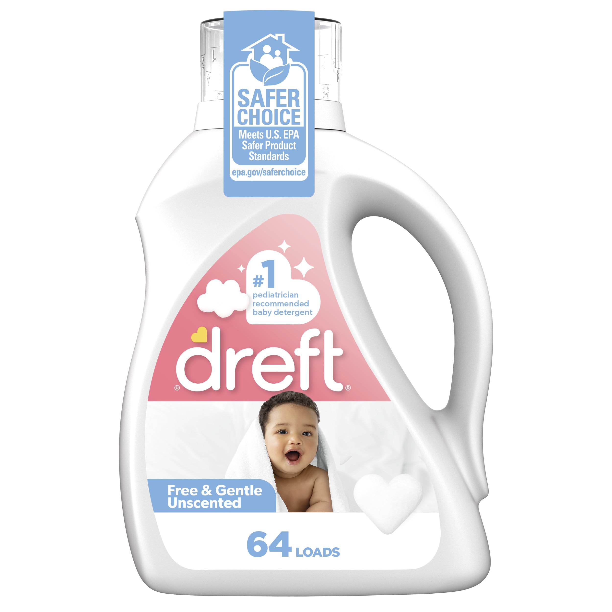 Dreft Free & Gentle Liquid Laundry Detergent, Free of Dyes and Perfumes for Families, Hypoallergenic, 64 loads
