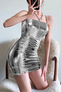Silver Metallic Short Corset Dress for Women Leather Bodycon Holographic Dress Sexy Halter Ruched Sparkly Holiday Mini Club Dress 2XL