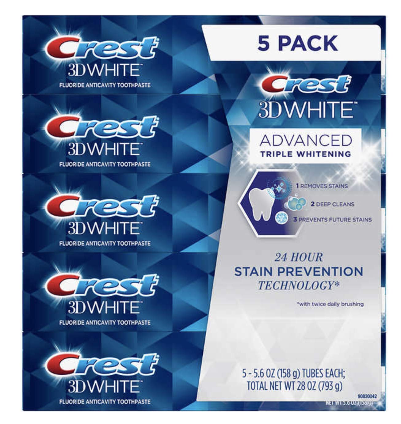 Crest 3D White Advance Whitening Flavoride Anticavity Toothpaste 5 Pack 5.6 Oz Net Wt 28 Oz