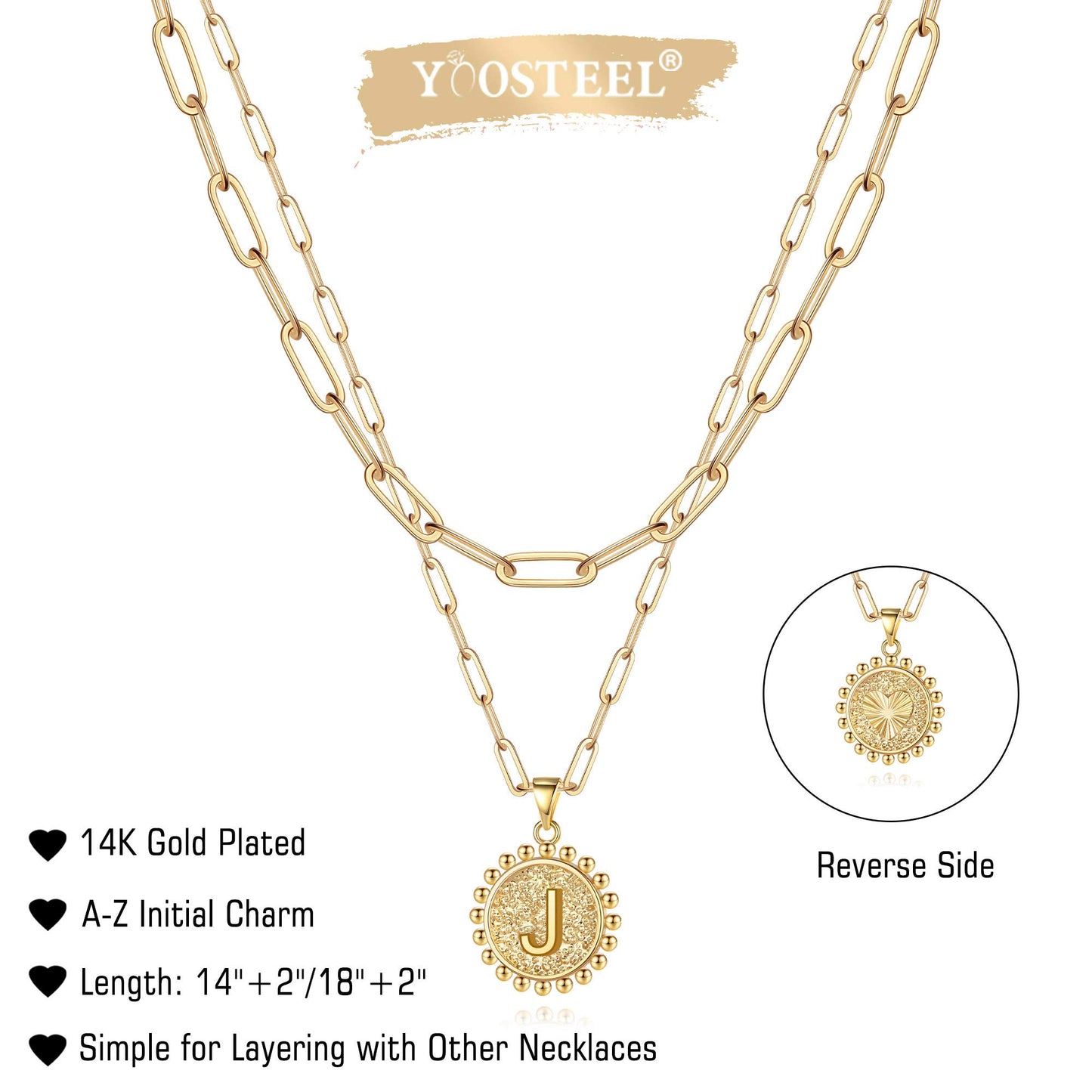 Yoosteel Gold Layered Initial Necklaces for Women, 14K Gold Plated Dainty Layering Paperclip Link Chain Necklace Personalized Coin Pendant J Initial Gold Necklaces for Women Girls Jewelry Gifts