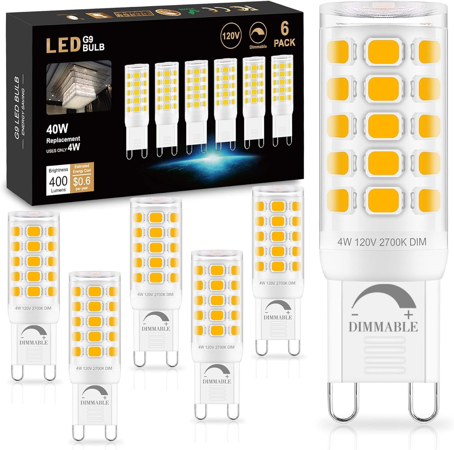 Sailstar G9 LED Bulb Dimmable 4000K Natural Daylight 6 Pack, T4 G9 4W Replacement for 40 Watts Halogen, Ceramic Bi Pin Base, 120V 400 Lumen 360°Beam Angle, G9 Light Bulbs for Chandelier
