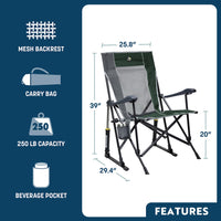 GCI Outdoor Roadtrip Rocker Camping Chair | Portable, Folding Rocking Chair with Solid, Durable Armrests, Drink Holder & Comfortable Extended Backrest — Indigo Blue