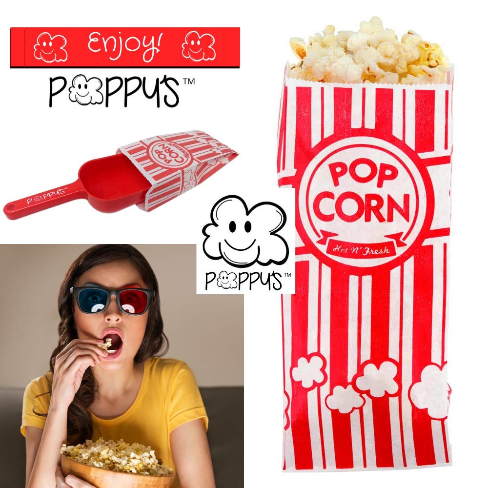 Poppy's Plastic Popcorn Scoop Bundle - 50 Bags and Plastic Popcorn Scooper, Popcorn Machine Accessories for Popcorn Bars, Movie Nights, Concessions