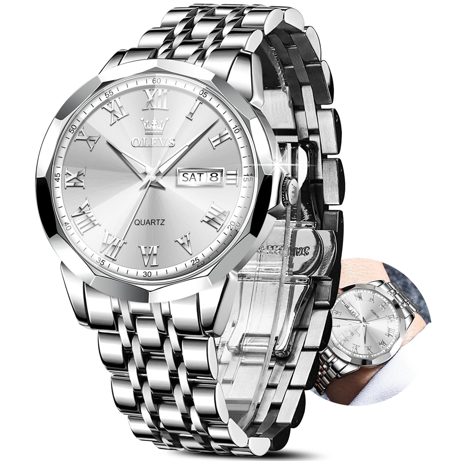 OLEVS Silver Watches for Men Large Face Luxury Mens Silver Watch with ...