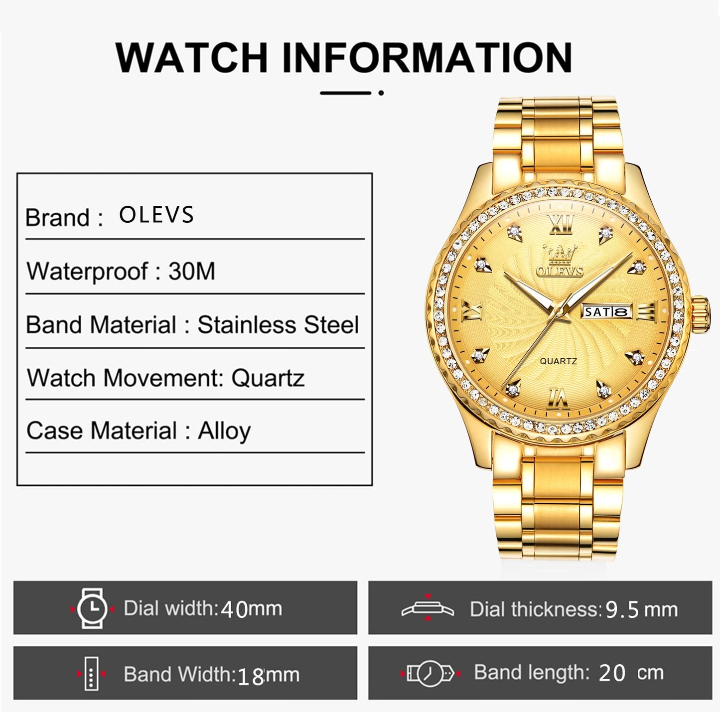 OLEVS Gold Mens Watch with Day Date Luxury Stainless Steel Men Watches Big Face Watches for Men Diamond Waterproof Dress Quartz Analog Round Men's Wrist Watches Gifts for Him Reloj De Hombre Luminous