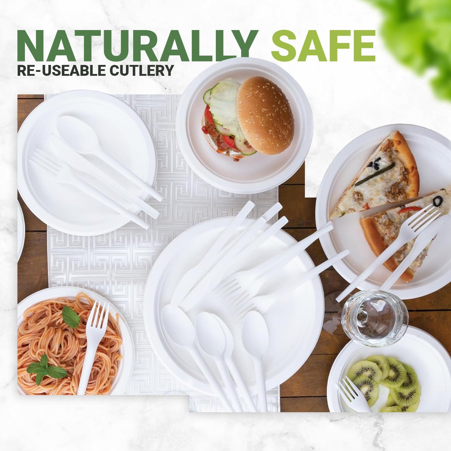 250 Pieces Compostable Utensil Set, 50 Large, 50 Small Biodegradable Paper Plates with 60 Forks, 60 Spoons, 60 Knives, Plastic Alternative Cutlery