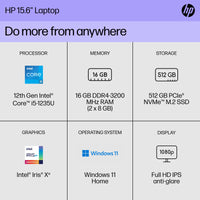 HP 15.6 inch Laptop, FHD Display, 12th Gen Intel Core i5, 16 GB RAM, 512 GB SSD, Intel Iris Xe Graphics, Windows 11 Home, 15-dy5399nr (2023),Silver