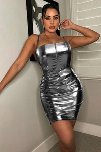 Metallic Short Corset Dress for Women Leather Bodycon Holographic Dress Sexy Halter Ruched Sparkly Holiday Mini Club Dress Grey M