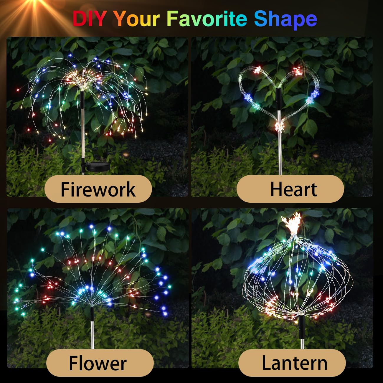 Lewondr Firework Solar Garden Lights, 120 LED Solar Firework Lights with 8 Lighting Modes, Waterproof Sparkler Starburst Solar Lights Outdoor for Yard Porch Patio Backyard Christmas Decor Gift, 4 Pack