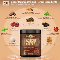 Mushroom Coffee (72 Servings) - Organic Instant Coffee Powder with Lion's Mane Mushroom, Reishi, Cordyceps, Chaga, and Turkey Tail - Coffee Alternative for Energy & Focus - 5.11 oz.