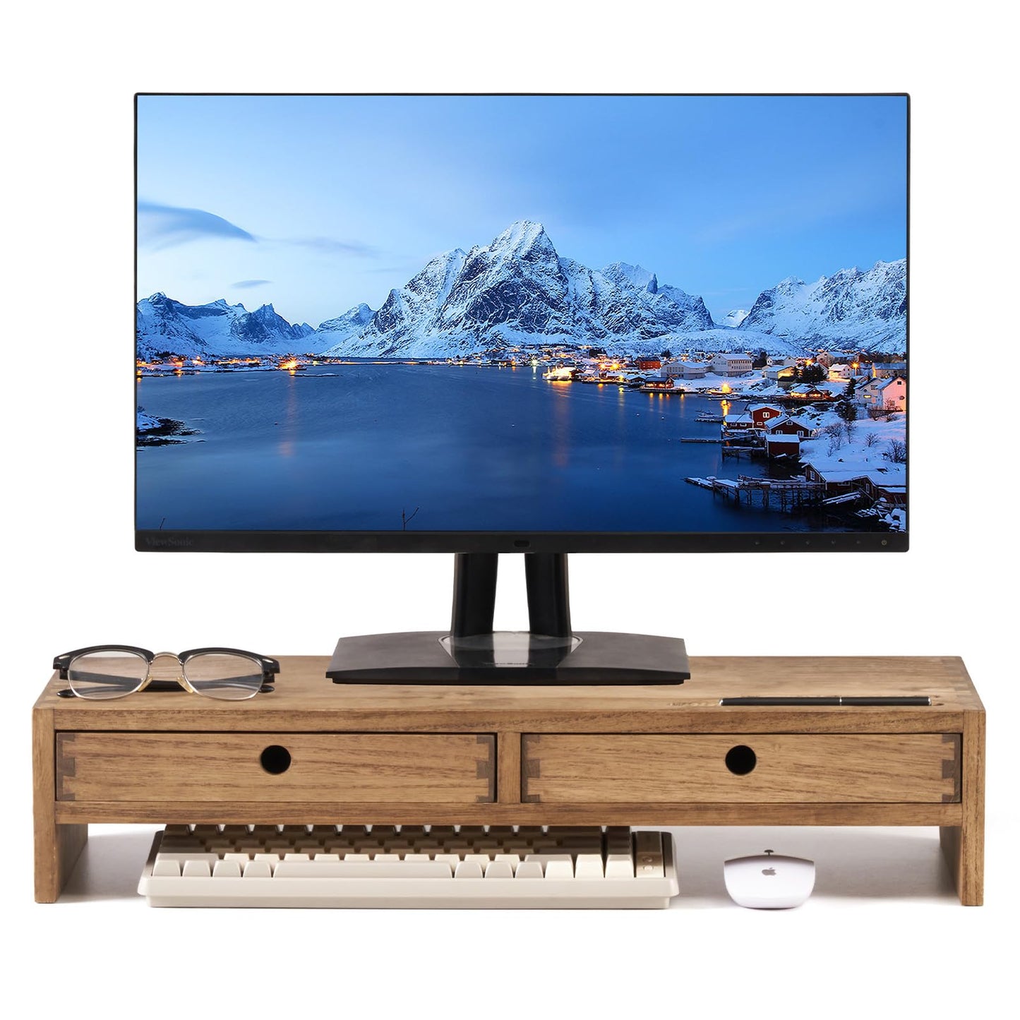 KIRIGEN Wood Monitor Stand with 2 Drawers - Computer Arm Riser Desk Storage Organizer,Speaker TV Laptop Printer Stand with Pen Slot and Cable Management,Dark Brown Desktop Shelf for Office DBR-2PMJ