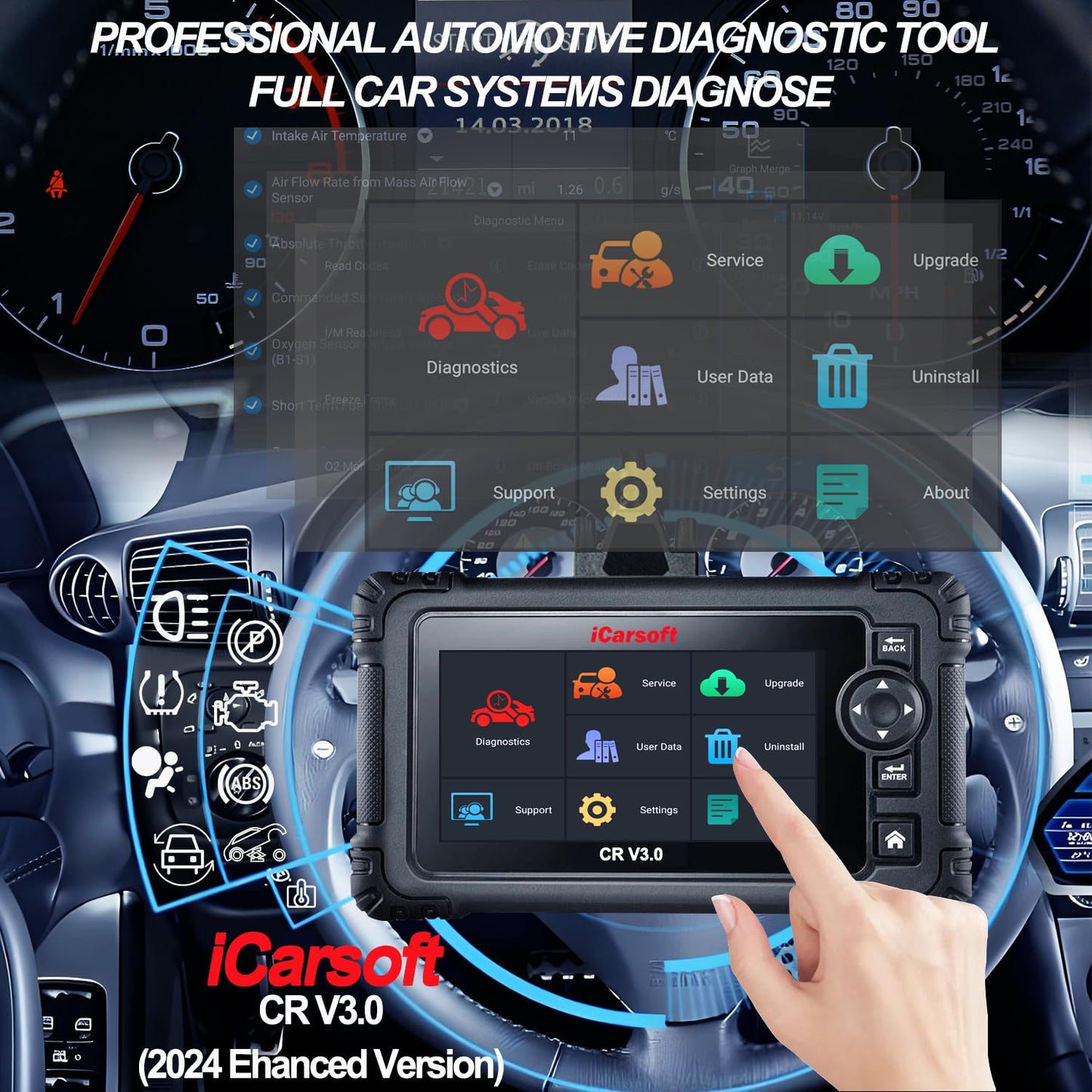 OBD2 Scanner Diagnostic Tool, iCarsoft CR V3.0 Bidirectional Vehicle Scan Tool Full ECU Diagnosis, Active Test, All System, 23+ Resets/Relearn; Code Readers Scan Tool, Auto VIN, (2024 NEW)-Free Update