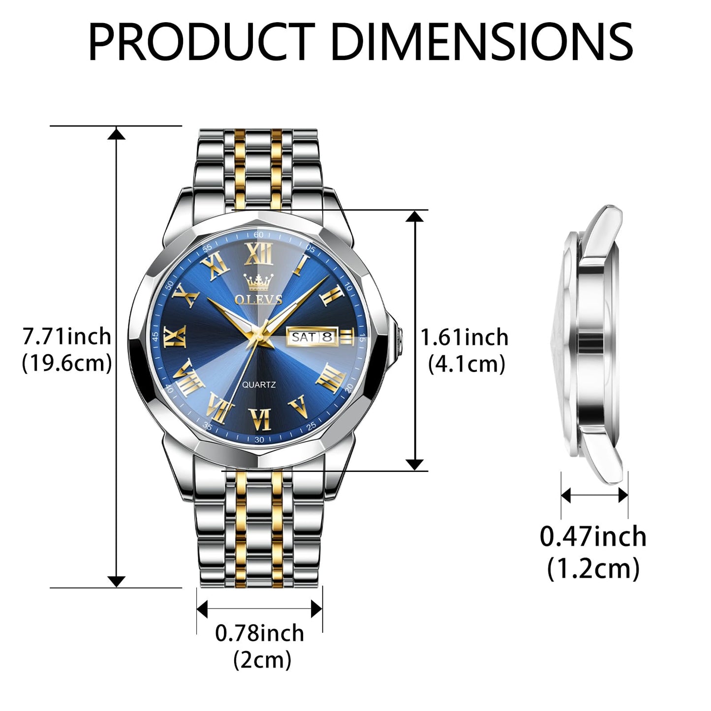 OLEVS Watch Men Blue Face Men's Watch with Day Date Big Face Gold and Silver Stainless Steel Men Watch Business Dress Watches for Men Classic Analog Men's Wrist Watches Reloj de Hombre Roman Numerals
