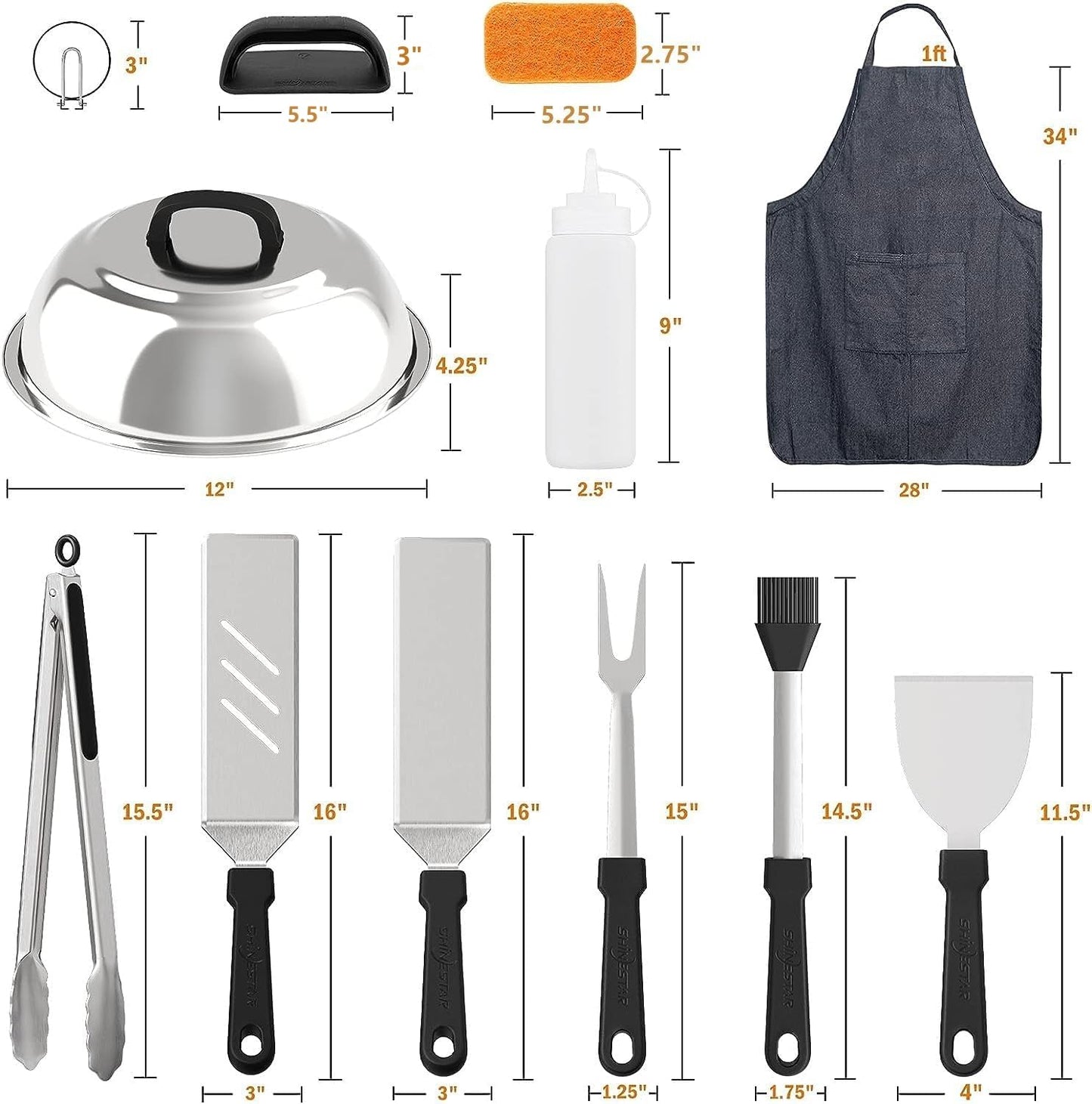 30-Piece Griddle Cleaning Kit and Grill Accessories for Blackstone, Spatula Set, Apron, Scraper, Melting Dome, Egg Rings, Squeeze Bottles, Tongs and Fork Included