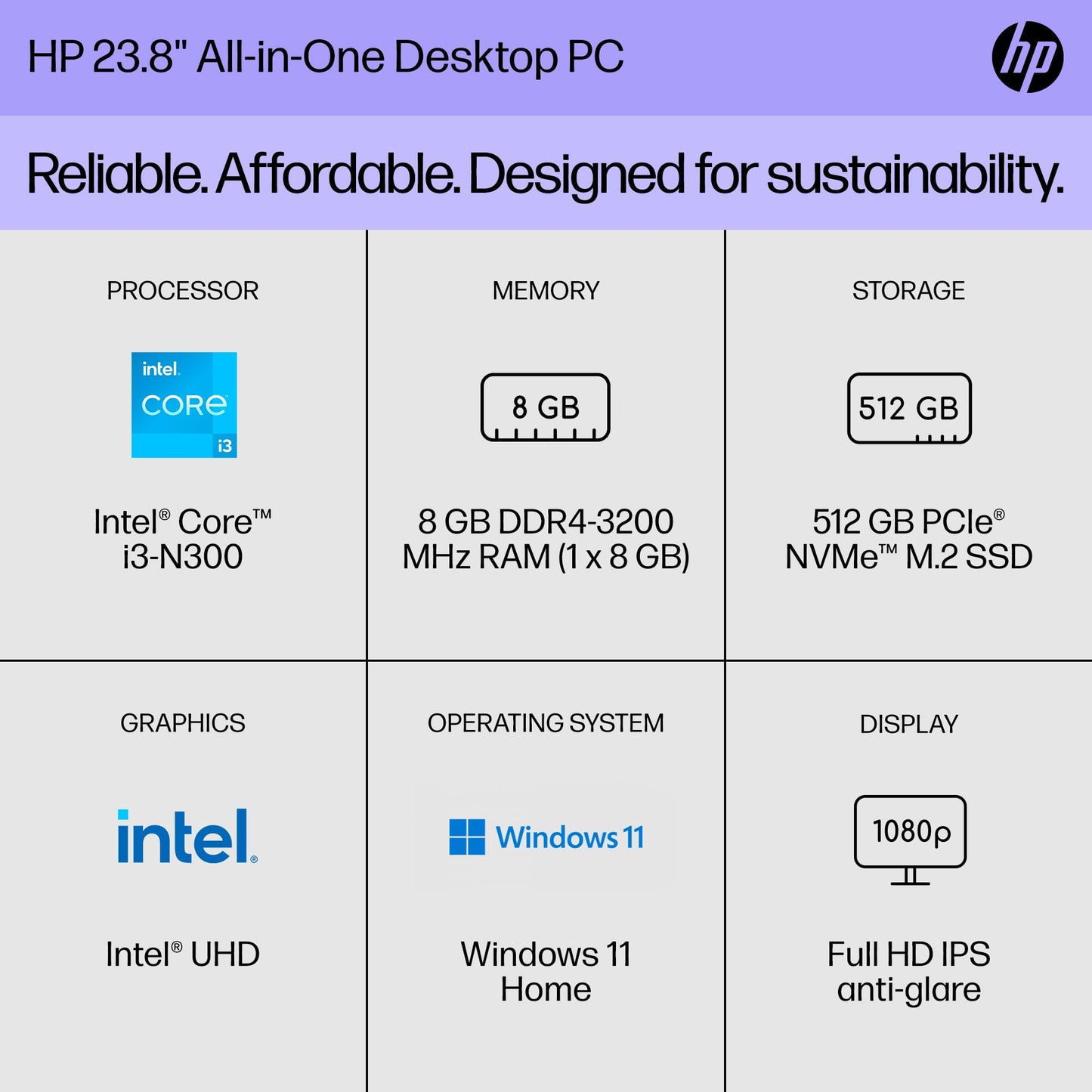 HP 23.8 inch All-in-One Desktop PC, FHD Display, Intel Core i3-N300, 8 GB RAM, 512 GB SSD, Intel UHD Graphics, Windows 11 Home, 24-cr0042 (2023)
