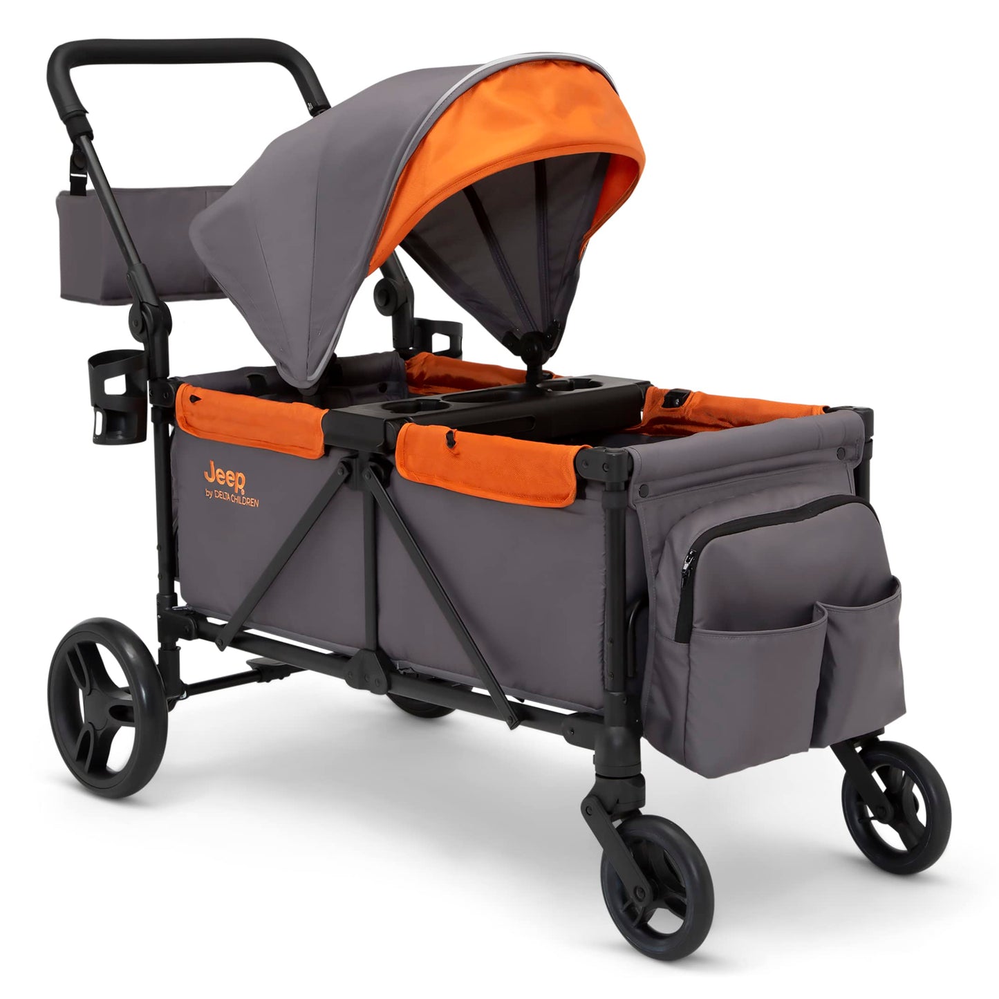 Jeep Sport All-Terrain Stroller Wagon by Delta Children - Includes Canopy, Parent Organizer, Adjustable Handlebar, Snack Tray & Cup Holders, Grey/Bonfire