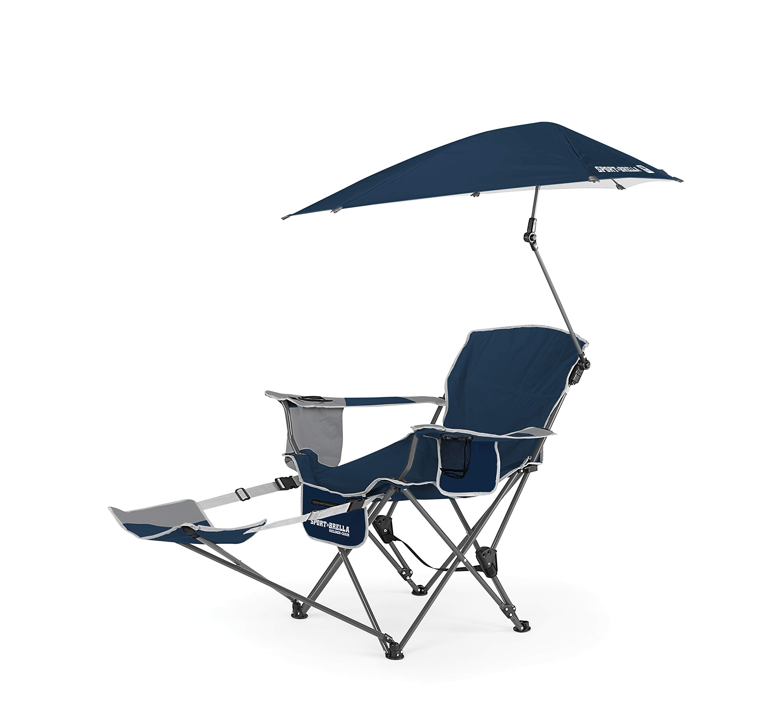 Sport-Brella Reclining Beach Chair (Midnight Blue) - 3-Position Adjustability, Detachable Footrest - 3-Way Swiveling UPF 50+ Umbrella - Insulated Drink Pocket, Cup Holder, Zippered Storage & Carry Bag