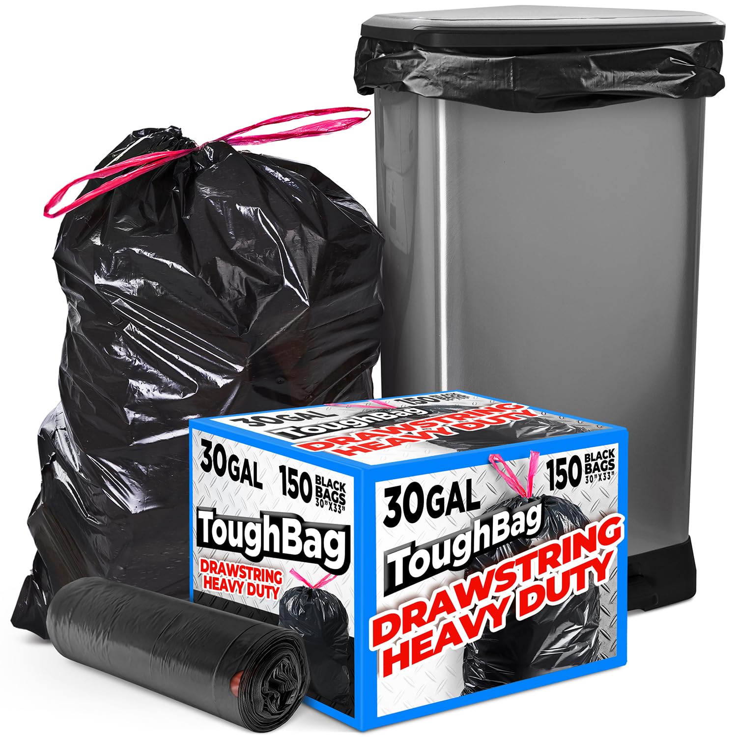 ToughBag 30 Gallon Trash Bags Drawstring (150 Count) Large Black Garbage Bags 30+ Gallon, Heavy Duty 30 Gallon Trash Bags for Kitchen, Commercial & Lawn