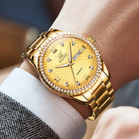 OLEVS Gold Mens Watch with Day Date Luxury Stainless Steel Men Watches Big Face Watches for Men Diamond Waterproof Dress Quartz Analog Round Men's Wrist Watches Gifts for Him Reloj De Hombre Luminous