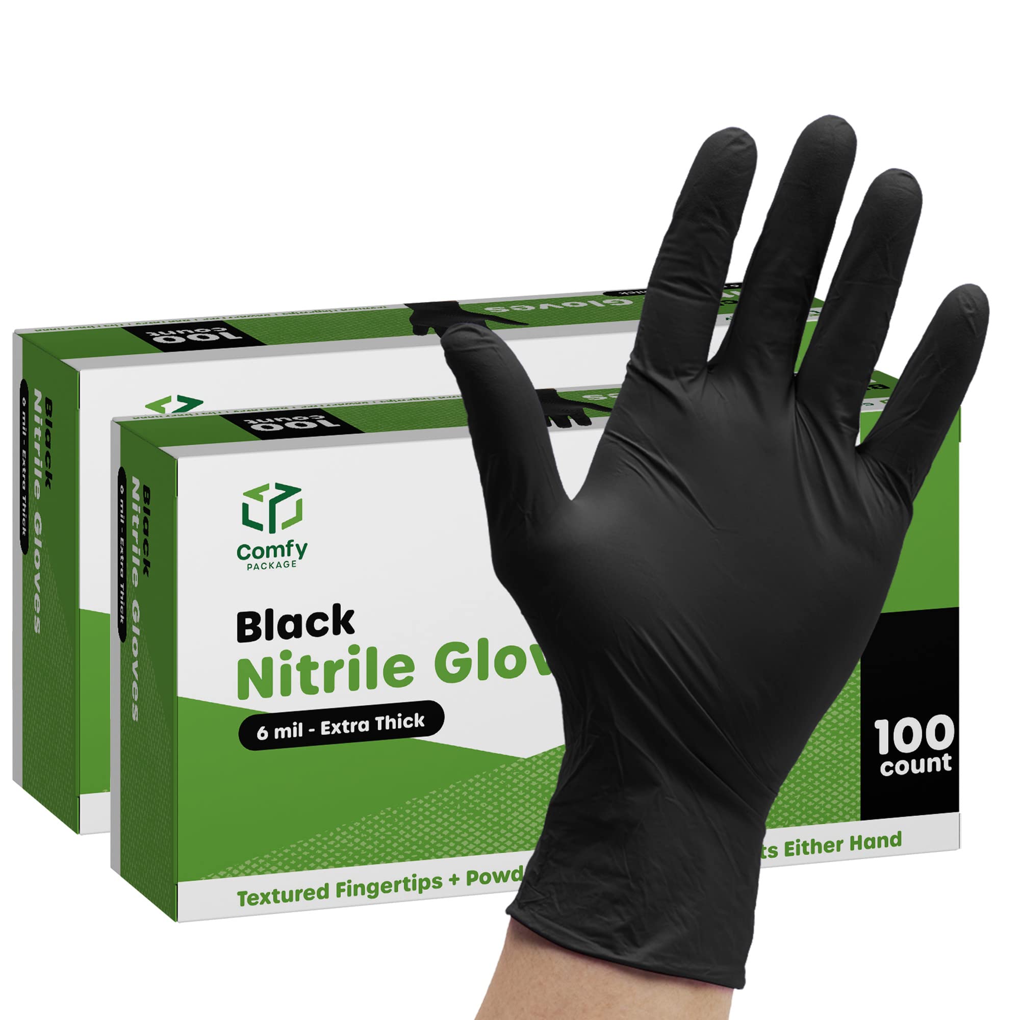 Comfy Package, (200 Count Black Nitrile Disposable Gloves 6 Mil. Extra Strength Latex & Powder Free, Chemical Resistance, Textured Fingertips Gloves - X-Large