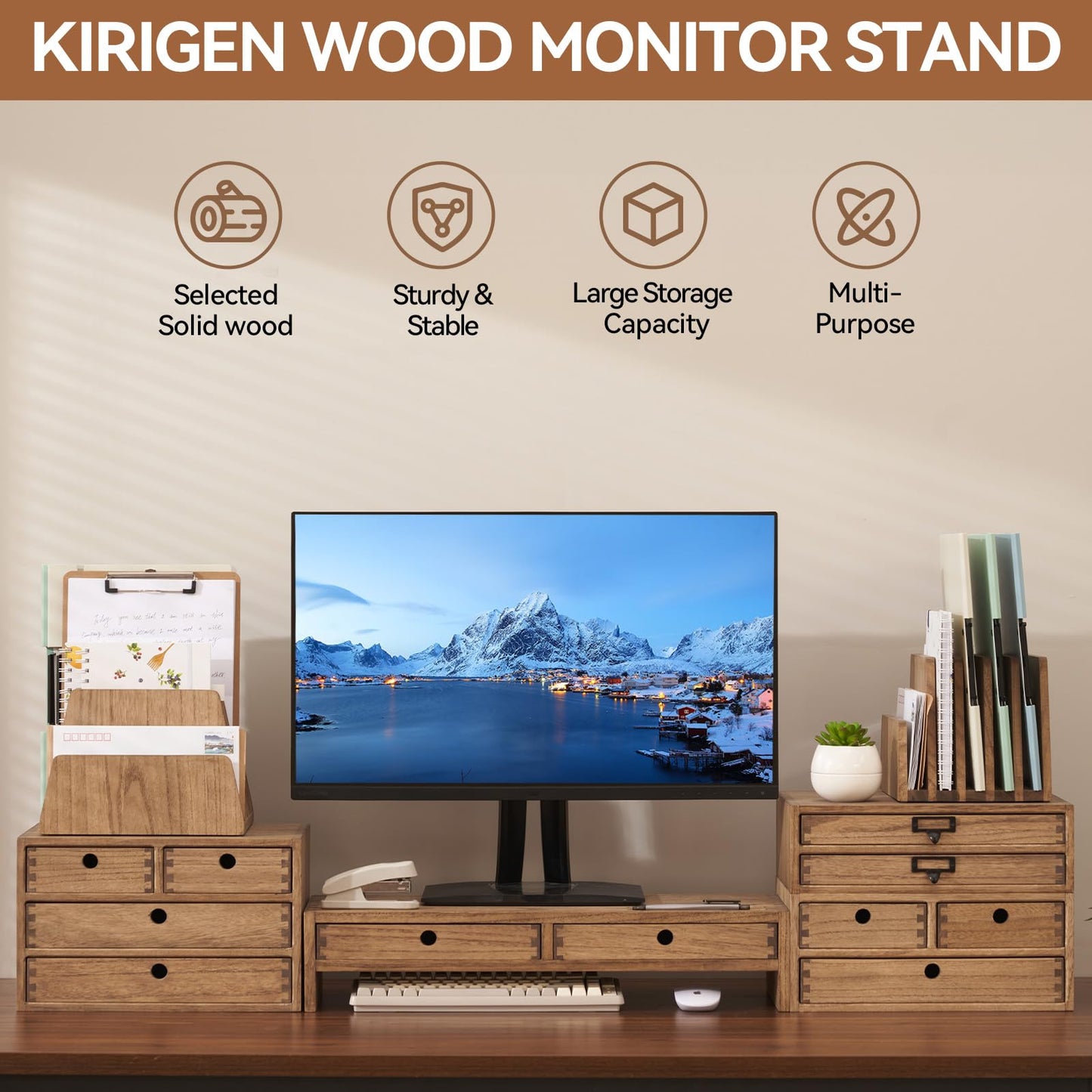 KIRIGEN Wood Monitor Stand with 2 Drawers - Computer Arm Riser Desk Storage Organizer,Speaker TV Laptop Printer Stand with Pen Slot and Cable Management,Dark Brown Desktop Shelf for Office DBR-2PMJ