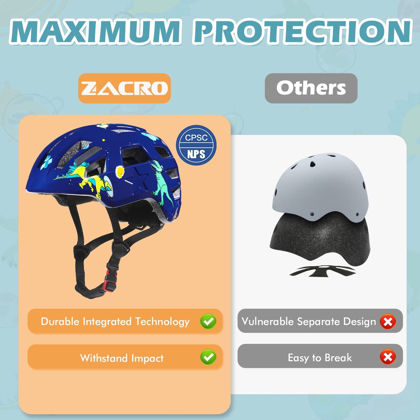 Kids Bike Helmet for Boys and Girls - Zacro Bike Helmets for Kids Ages 5-8-14 Years, Adjustable and Lightweight Bicycle Helmets with Reflective Stickers